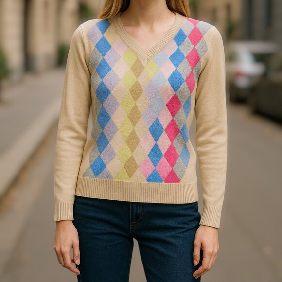 2 for/ $40 Tommy Hilfiger Cream & Multi-Colored Wool Blend Argyle Sweater Size M - Picture 3 of 9